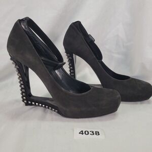 Le Silla Italy Black Suede Studded Wedge Ankle Strap Heels Shoes Women US 9.5